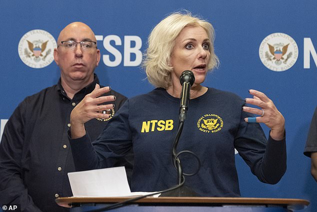 NTSB Chairwoman Jennifer Homendy addresses a news conference Wednesday, joined by Chief Investigator Marcel Muise (left).