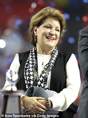 Terry Saban, wife of Alabama Crimson Tide head coach Nick Saban, is all smiles during the 2016 Chick-fil-A Peach Bowl between the Alabama Crimson Tide and the Washington Huskies on December 31, 2016.
