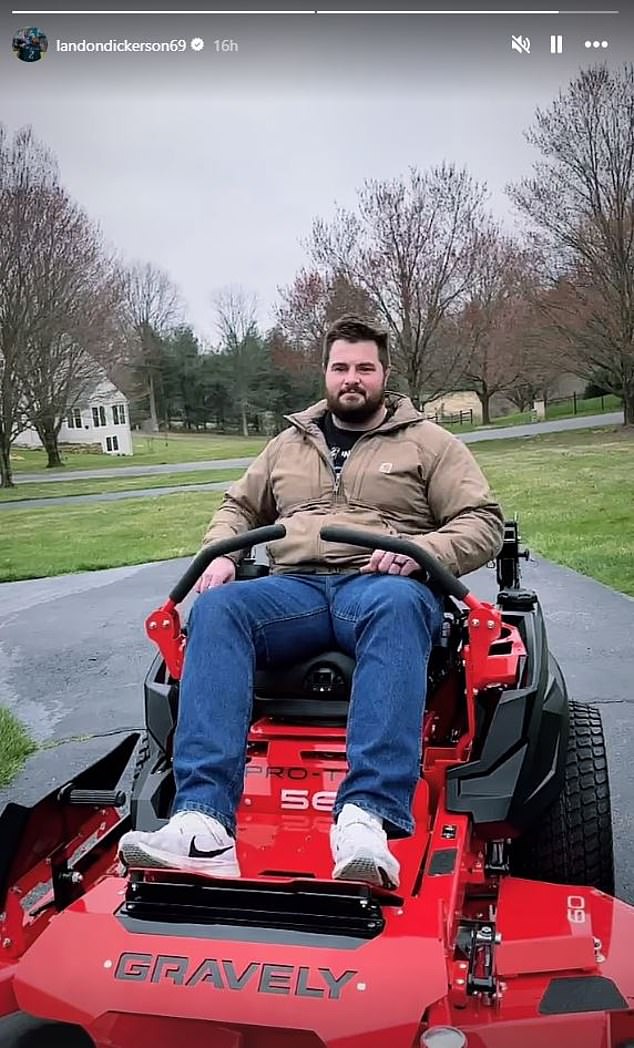 Dickerson was seen riding his new lawnmower on social media Thursday.