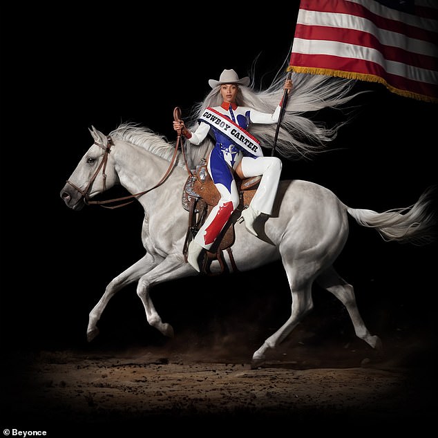Her album Cowboy Carter comes out tomorrow and the cover features her in red, white and blue leather chaps on a horse.
