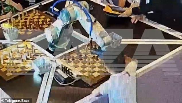 A chess-playing robot (pictured) broke a child's finger during an international tournament in Moscow last July, with the incident captured on CCTV footage.