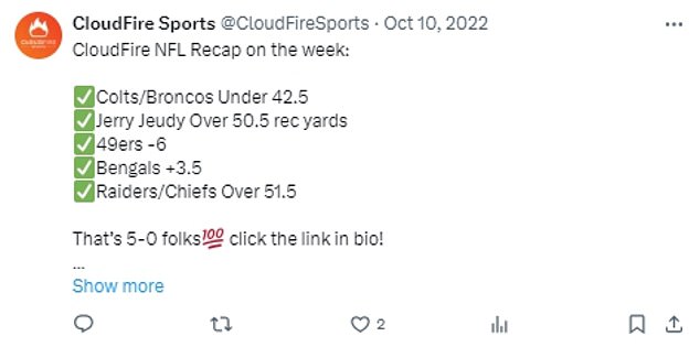 Porter's @TayTrades11 account also regularly likes other sports betting posts, like this one.