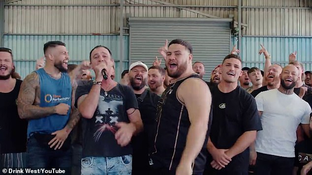 Nicknamed 'Bam Bam' because of his all-or-nothing fighting style, Tuivasa (centre) owns a brewery in western Sydney with football superstar Nathan Cleary (front, second from right), and the couple He teams up with music star Shannon Noll (holding microphone) to advertise his beer.