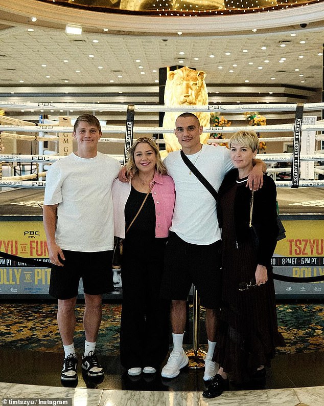 The Tszyu family appears from right to left in Las Vegas for the Fundora fight: mom Natalia, Tim, sister Anastasia and brother Nikita.