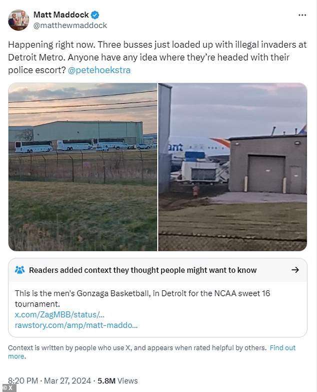 Maddock shared photos of the team's buses at Detroit Metro Airport, claiming they were loaded with 'illegal invaders,' forcing X's fact-checker to issue a correction.