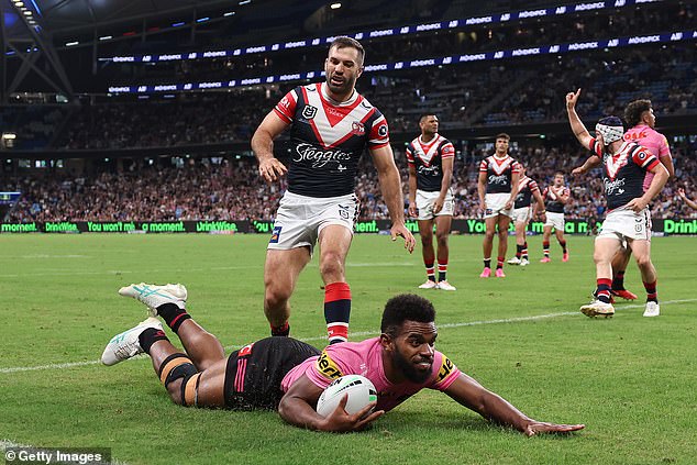 The Roosters captain (pictured center during the loss to Penrith) kindly reminded Gallen that he had missed teammate Jared Waerea-Hargreaves' 300th game by a week.