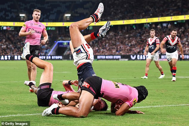 Luckily for the Sharks greats, there was an even more embarrassing mistake on Thursday night when the video referee wrongly ruled out Joey Manu's (pictured) attempt.