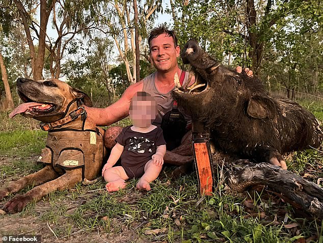 Dylan Leschke and his young son and dog after a pig hunting expedition in the Gulf country, where the 33-year-old lived with his partner, Desiree Callope.