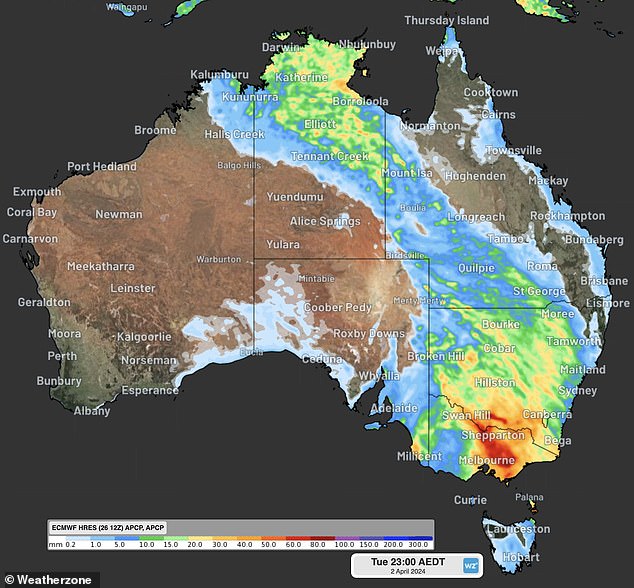 A map of accumulated rainfall for the 24 hours leading up to Tuesday, April 2, predicts that a band of rain forming over the center of the country will have moved east over Victoria and New South Wales.