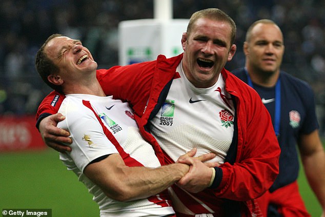 England's Mike Catt (left) and Phil Vickery celebrate victory after England defeated France 14-9 during the 2007 Rugby World Cup.