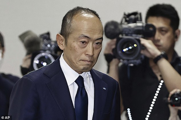 The health giant admitted it was aware of issues surrounding the products, which are not sold in the UK, as far back as January. However, the first public announcement did not come until March 22. In the photo, Akihiro Kobayashi, president of Kobayashi Pharmaceutical, arrives at a press conference in Osaka today.