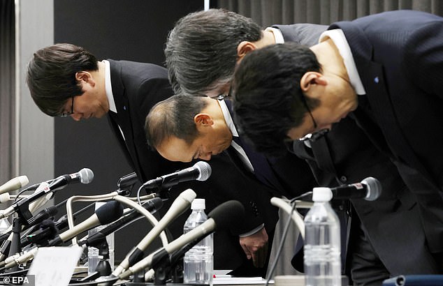 The Osaka-based drugmaker admitted this week that it had supplied red yeast rice to about 50 other companies in Japan and two in Taiwan. Pictured, Kobayashi Pharmaceutical President Akihiro Kobayashi (second left) and officials bow during a press conference today in Osaka.