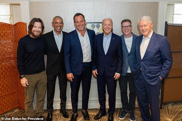 Comedians Jason Bateman (left), Will Arnett (third from left) and Sean Hayes (second from right) recorded an interview for their SmartLess podcast Thursday with President Joe Biden (third from right), former Presidents Barack Obama (second from left) and Bill Clinton (right)