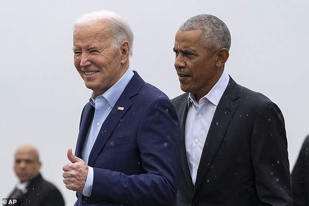 President Joe Biden (left) arrives in New York City on Thursday accompanied by former President Barack Obama (right). Former President Bill Clinton will join the two for a podcast interview with three Hollywood comedians, in lieu of a traditional print or broadcast Q&A.