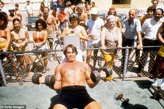 Austrian bodybuilder Arnold photographed lifting weights at Muscle Beach in Venice in August 1977 in Los Angeles, California.