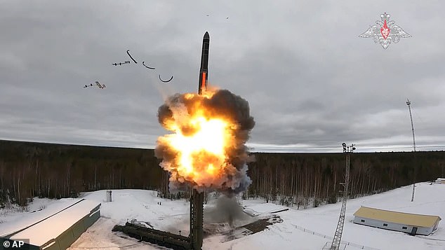 In this photo taken from a video published by the press service of the Russian Defense Ministry on Friday, March 1, 2024, a Yars intercontinental ballistic missile is tested from the Plesetsk launch pad in northwestern Russia.