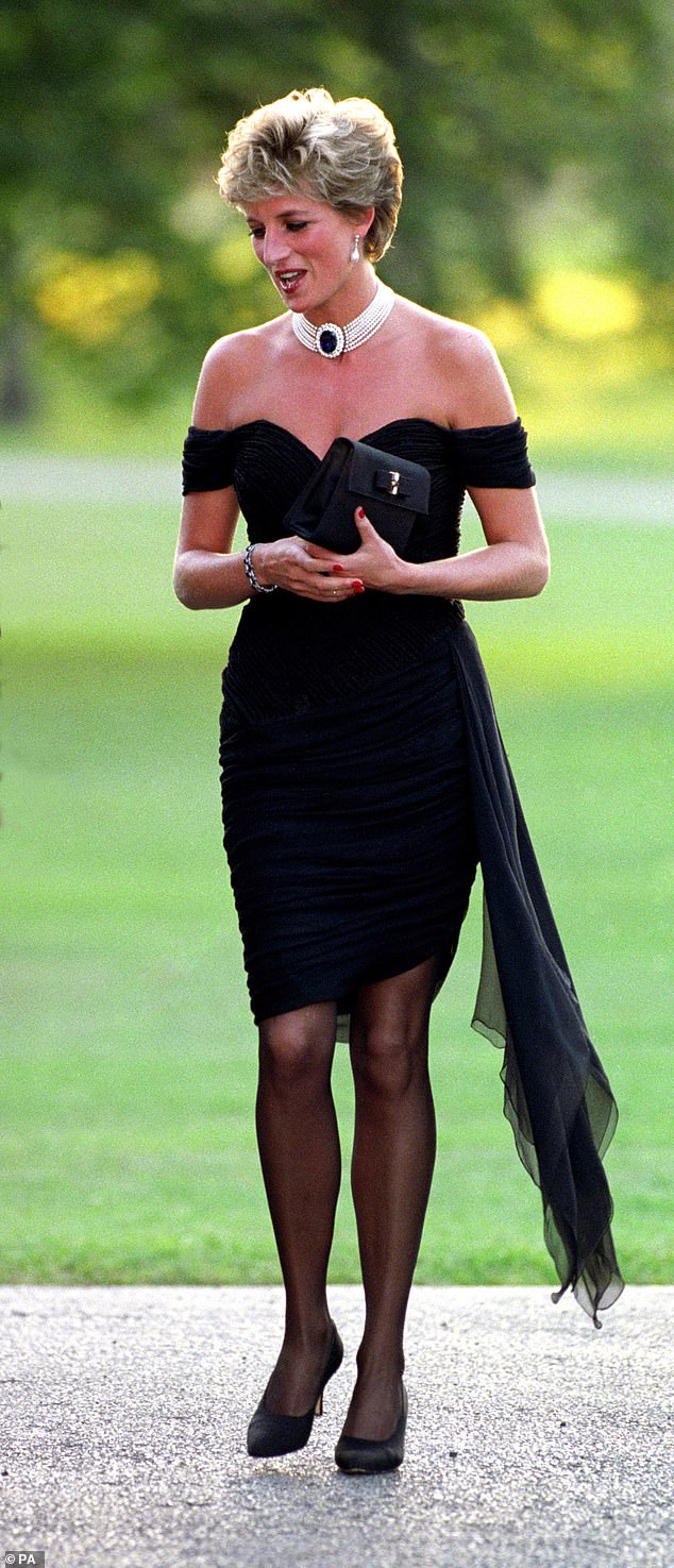 Taller Marmo's Velvet Gina dress, worn by the actress, drew comparisons to the iconic Christina Stambolian off-the-shoulder dress worn by Diana in 1994 (Diana pictured in 1994).