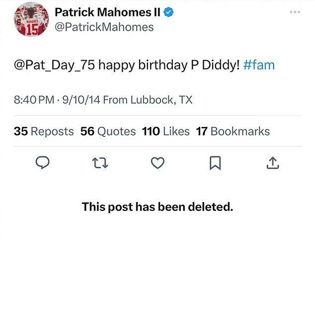 1711729427 667 Patrick Mahomes distances himself from Diddy as he DELETES old