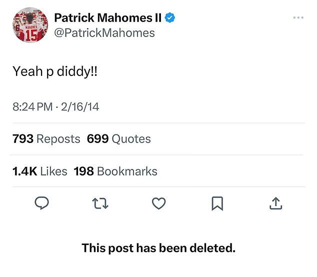 Mahomes posted Combs' former stage name, 'P Diddy,' twice in 2014.