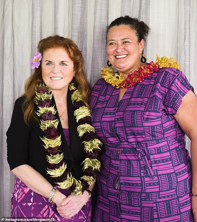 The Duchess of York wore a purple printed dress and a traditional garland necklace