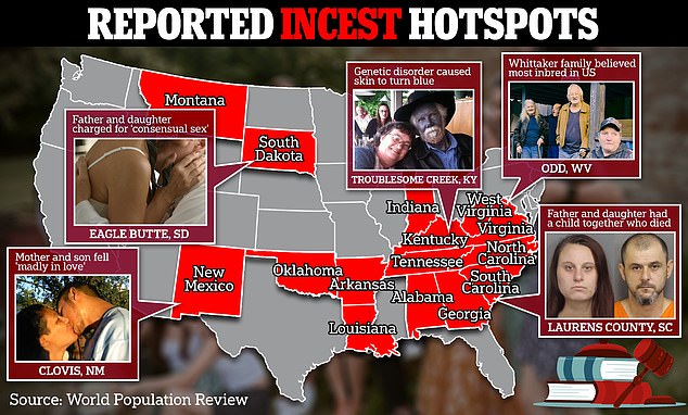 The map above shows alleged incest hotspots, according to World Population Review.