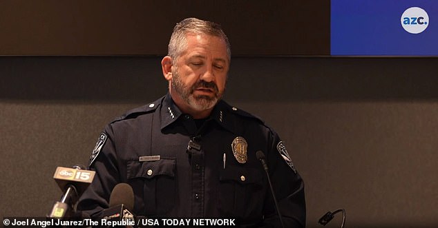 Gilbert Police Chief Michael Soelberg is emotional as he presents the update on the Gilbert Goons case on January 25, 2024. He acknowledged in January that authorities initially did not link the assaults that occurred in the same locations and involved to the same people.