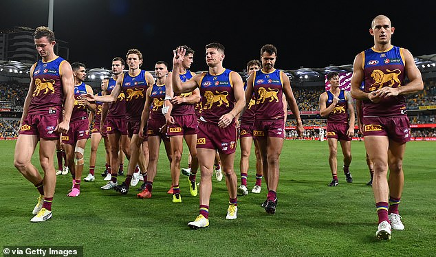The Shattered Lions stars are shown leaving the field after their loss to Collingwood on Thursday night. Daily Mail Australia is not suggesting any of these players are involved in the shocking report about an end-of-season trip to Las Vegas.
