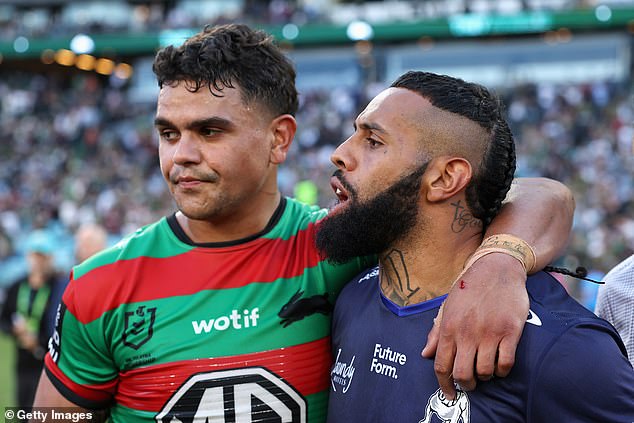 Mitchell can avoid suspension with an early guilty plea, but Addo-Carr will miss next Friday's clash against the Roosters due to the NRL's concussion protocols (the pair are pictured at full-time)
