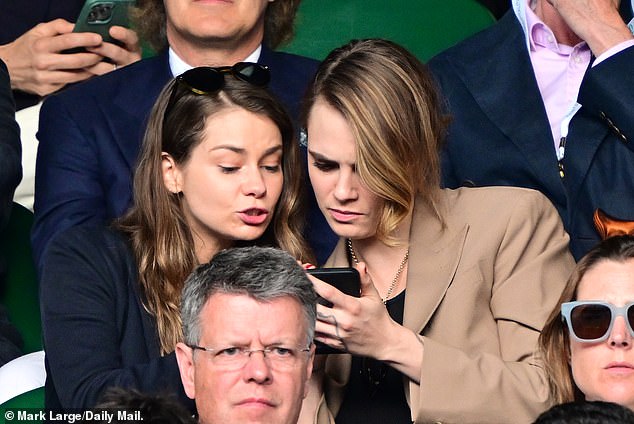 Cara Delevingne photographed with Sienna Miller at Wimbledon in 2023