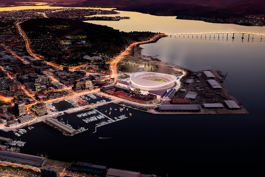 In this conceptual image, a stadium shines brightly in Hobart under a pink sunset sky.