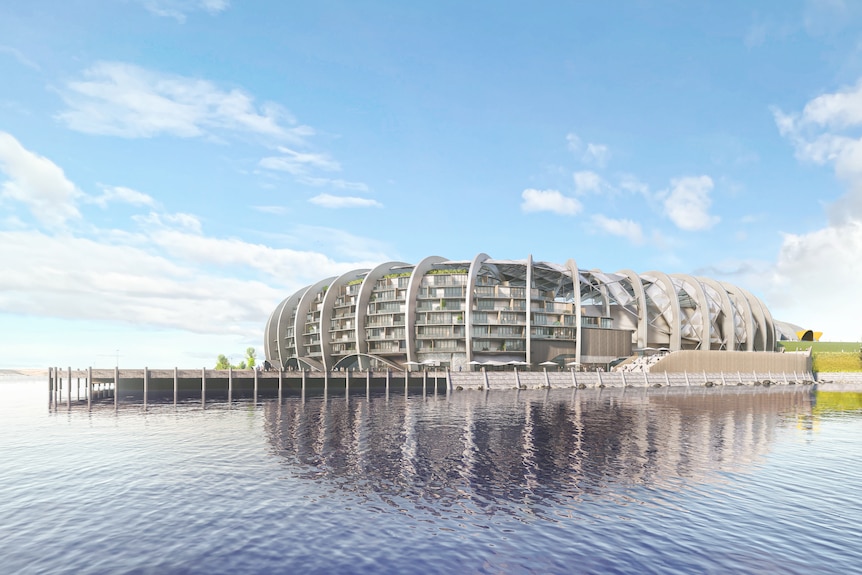 Artist's impression of a rounded silver building jutting into a river. 