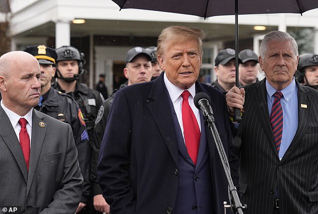 While the three Mount Rushmore hopefuls milked Gotham's wealthy residents, Republican presidential candidate Donald Trump comforted the young widow and young son of a slain New York City police officer.  (Above) Former President Trump at the wake of Officer Jonathan Diller in Massapequa, New York, on March 28, 2024.