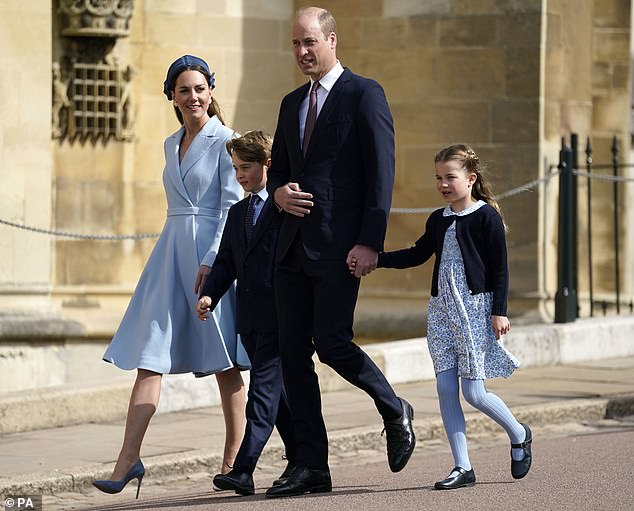 2022 -- Prince William and Kate with Prince George and Princess Charlotte attend the Easter Mattins Service at St. George's Chapel at Windsor Castle on April 17, 2022.