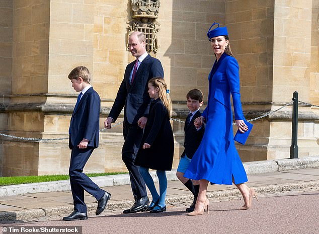 2023 -- The Prince and Princess of Wales with George, Charlotte and Louis at the Mattins Easter Service at St George's Chapel on April 9, 2023