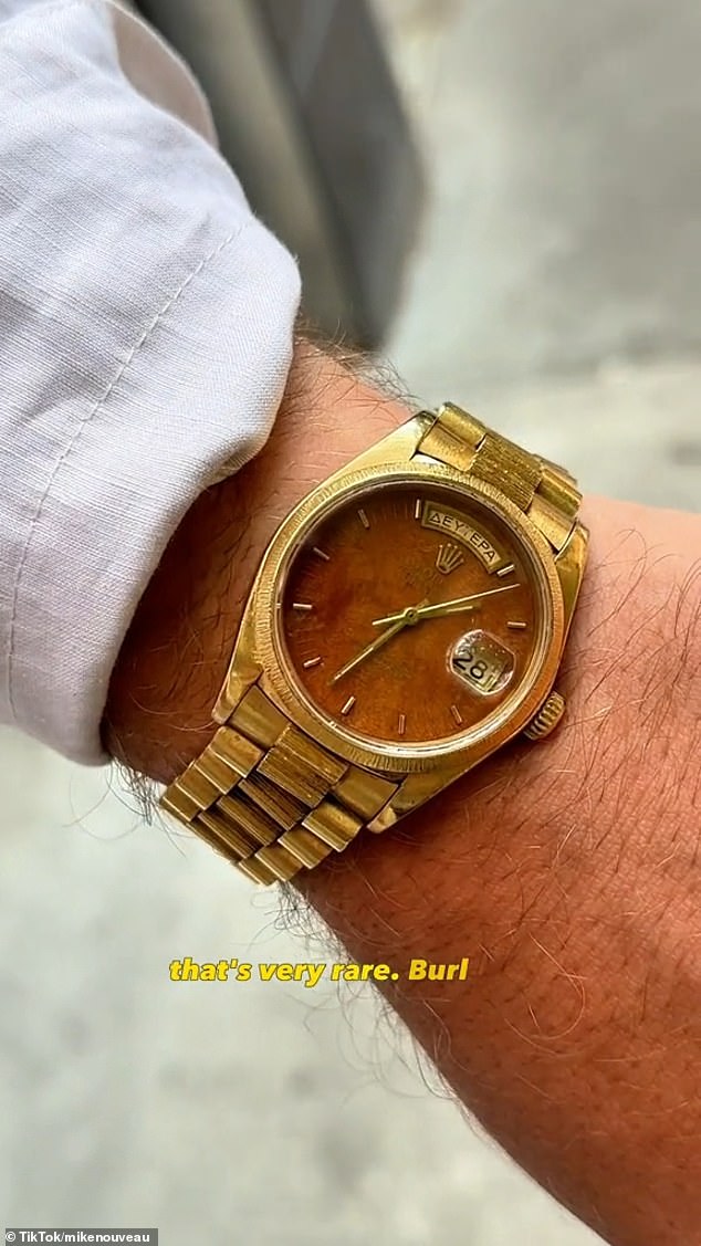 Mike Nouveau is a vintage watch expert who stopped a man on the street to point out how rare his 1979 Rolex Day-Date President with Greek day wheel and wooden dial is.