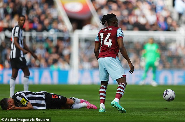 Fabian Schar missed the free kick for West Ham's second goal, before remaining on the ground holding his face.