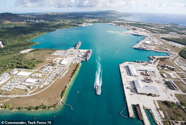 An aerial view of the US Naval Base Guam, which is located in a strategic position for the US military.