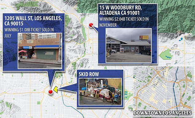DailyMail.com revealed last year that Las Palmitas Mini Market, the market where the billion-dollar bill was sold, is located just a few blocks from the Skid Row homeless encampments in Los Angeles.