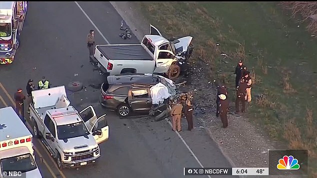 The two severely damaged vehicles, a Honda Odyssey and a Chevrolet pickup truck, appear after the crash on US 67 in Johnson County, Texas.
