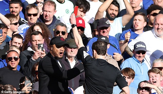 Burnley manager Vincent Kompany received a red card for protesting during the first half.