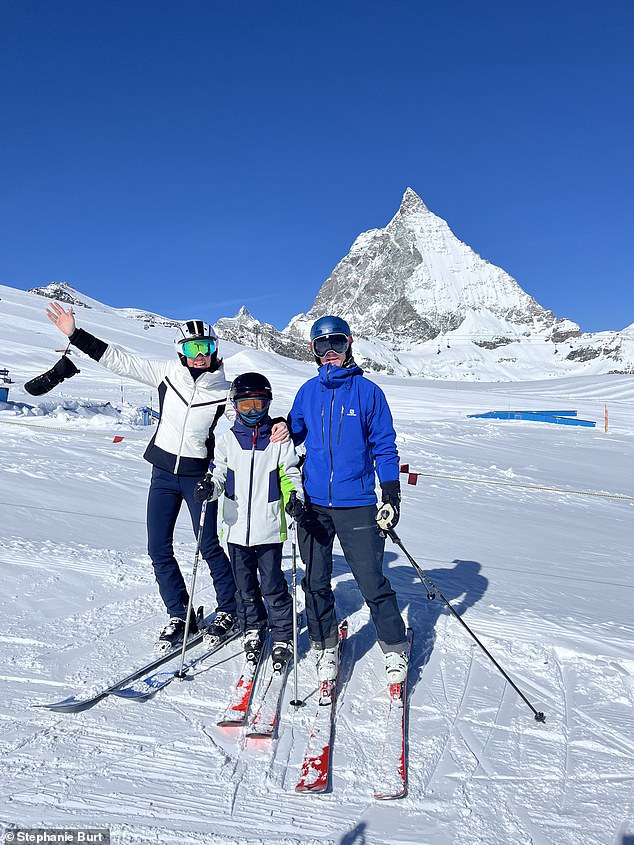 Mrs Burt, photographed in the shadow of the Matterhorn with one of her children and her husband, had been skiing at the Matterhorn resort in Breuil-Cervinia.