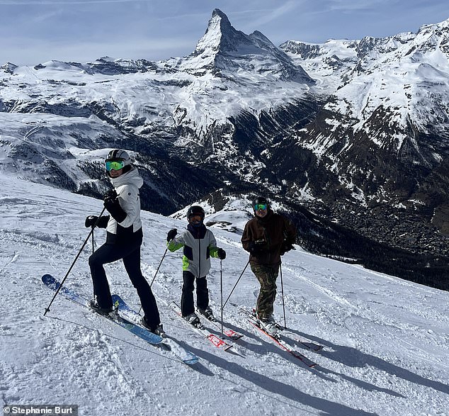 He went skiing with his family and his lifelong friend Barnaby Dunning (in the brown jacket, right)