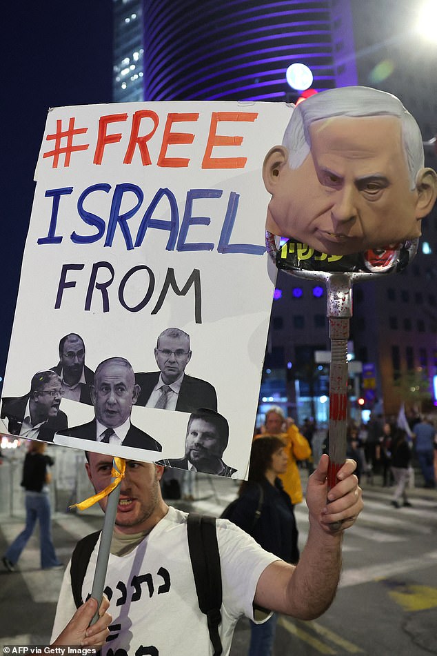 Some carried signs blaming Netanyahu for the fate of the hostages.