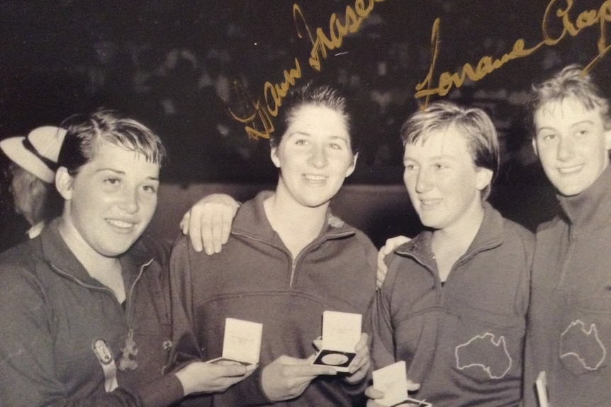 Swimmers Sandra Morgan-Beavis, Dawn Fraser, Lorraine Crapp and Faith Leech in a black and white photograph.