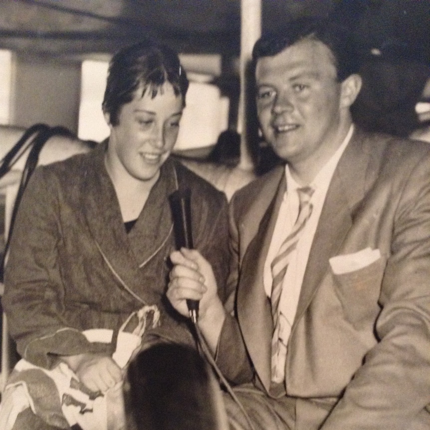 Sandra Morgan-Beavis being interviewed on television after winning the Olympic gold medal in 1956.
