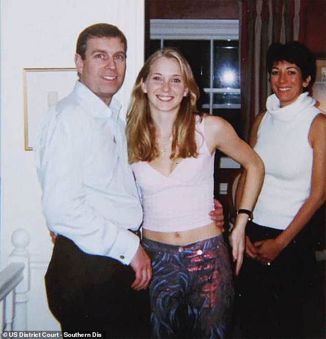 Prince Andrew, Virginia Giuffre and Ghislaine Maxwell posing for a photo.  The photograph is said to have been taken in London in 2001.