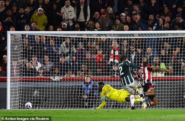 Man United had a lucky escape when Brentford's Ivan Toney hit the post with his shot.