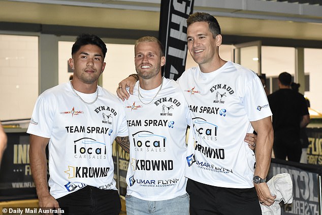 Jono seemed excited to support his castmate Jayden at the event by wearing an Eynaud-branded t-shirt (pictured with co-stars Tim Calwell and Ridge Barredo).