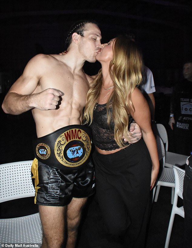 Jayden's MAFS wife Eden Harper (right), 28, was also in attendance and was seen passionately kissing her partner during their impressive boxing victory.