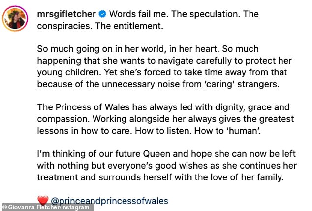 Kate's announcement that she has cancer followed weeks of cruel speculation on platforms and Giovanna then slammed critics.
